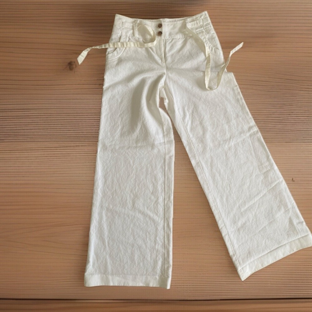 London Jean Bridget Fit Pants Womens 8 White Linen Blend Wide Leg Chino Trousers